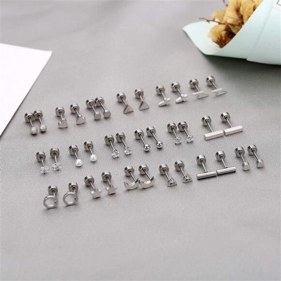 18 Pairs Tiny Cartilage Stud Earrings for Women Men Star Moon Heart Disc Ball - Picture 7 of 8